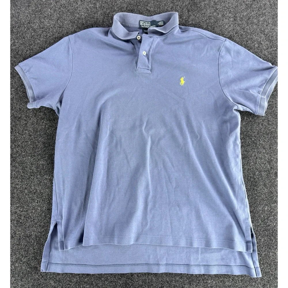 VTG Polo Ralph Lauren Blue Custom Fit Polo Shirt Yellow Pony Mens L